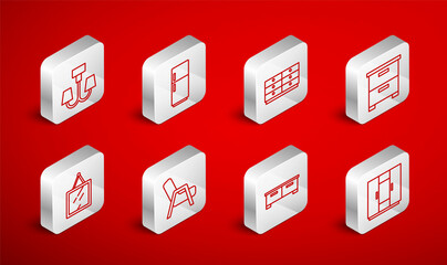 Set line Wardrobe, Refrigerator, Chest of drawers, Furniture nightstand, Chandelier, Armchair and Mirror icon. Vector