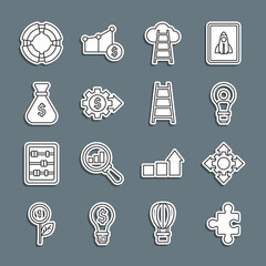 Set line Piece of puzzle, Project team base, Head with lamp bulb, Stair finish flag, Gear dollar, Money bag, Business lifebuoy and icon. Vector