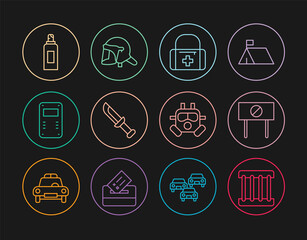 Set line Prison window, Protest, First aid kit, Military knife, Police assault shield, Paint spray can, Gas mask and helmet icon. Vector