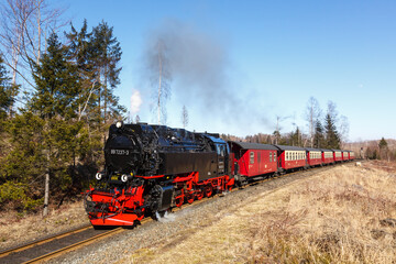 Brockenbahn steam train locomotive railway departing Drei Annen Hohne in Germany