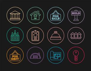 Set line House key, Garden fence wooden, Hanging sign with For Sale, contract, Skyscraper, Museum building, Hotel service bell and Location house icon. Vector