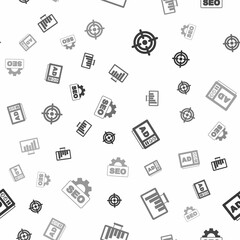 Set Target, Monitor with graph chart, Advertising and SEO optimization on seamless pattern. Vector