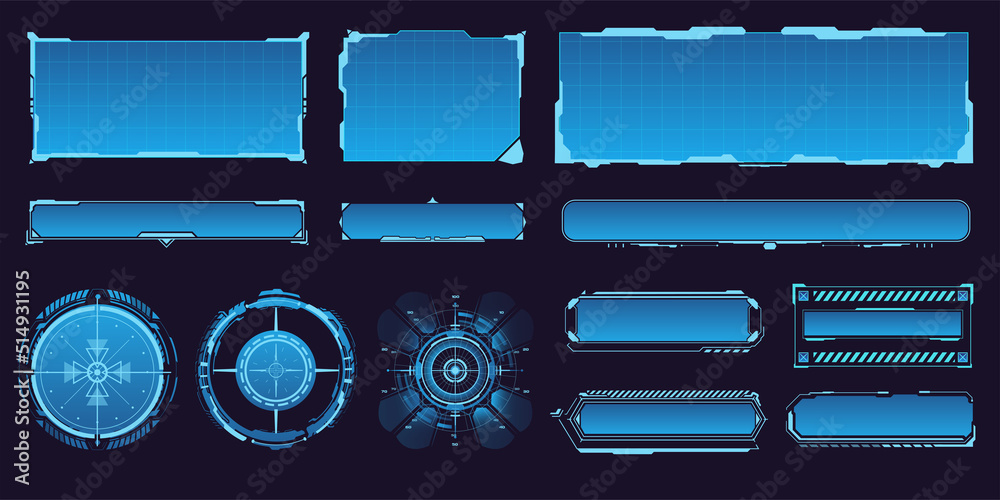 Aufkleber Futuristic modern user interface elements, empty rectangular frames  frames, buttons, HUD-style sights for game ui design. Layout template of futuristic frames isolated on blue background.