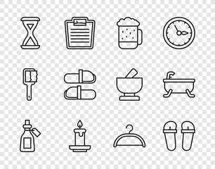 Set line Essential oil bottle, Flip flops, Wooden beer mug, Aroma candle, Sauna hourglass, slippers, Hanger wardrobe and Bathtub icon. Vector