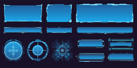 Futuristic modern user interface elements, empty rectangular frames  frames, buttons, HUD-style sights for game ui design. Layout template of futuristic frames isolated on blue background.