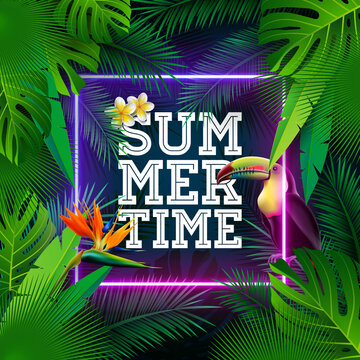 Tropical Summer Holiday Design with Toucan Bird and Parrot Flower on Glowing Neon Light Background. Vector Typography Illustration with Exotic Palm Leaves and Phylodendron for Banner, Flyer