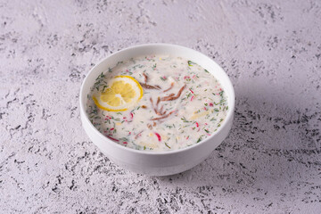 summer cold salad soup. The national Russian dish is okroshka . on light concrete