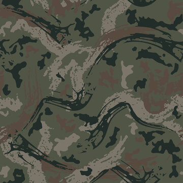 Urban dry brush smear camouflage background. Modern fashion design. Camo military protective. Army uniform texture. Grunge stroke pattern. Khaki fashionable fabric print. Vector seamless wallpaper