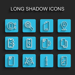 Set line Smartphone, System bug, Phone repair service, Screwdriver, Mobile with broken screen, charging battery, and icon. Vector