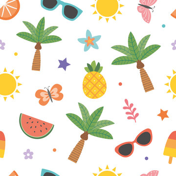 Colorful seamless summer pattern with beach elements, sunglasses, palm tree, watermelon slice, pineapple, butterfly, sun, popsicle, fruit. Fun fashion print design, vector illustration