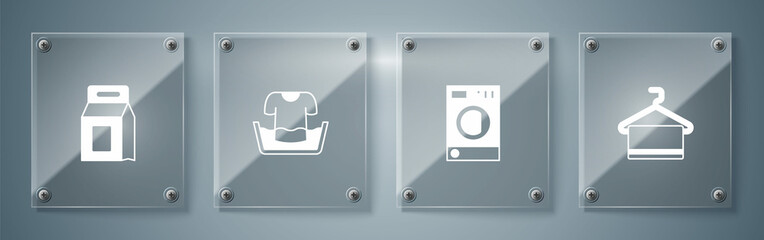 Set Towel on hanger, Washer, Basin with shirt and Laundry detergent. Square glass panels. Vector