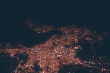 Fototapeta na wymiar Izmir aerial view at night. Top view on modern city with street lights