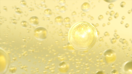 3D rendering Cosmetics Golden Serum bubbles on defocus background. Collagen bubbles Design. Moisturizing Cream and Serum Concept. Vitamin for health care and beauty concept