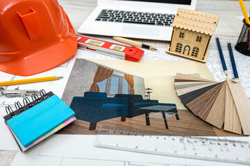 Blueprint and architectural tools, helmet and other tools