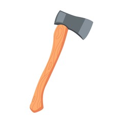 Garden axe tool illustration in cartoon style. Bright gardening equipment, rake or shovel and lawnmower, farm or rural instrument on white