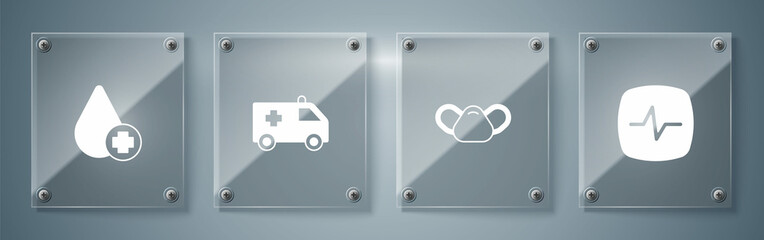 Set Heart rate, Medical protective mask, Ambulance car and Donate drop blood. Square glass panels. Vector