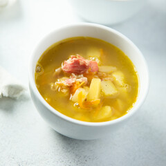 Homemade pea soup with smoked bacon