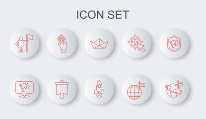 Set line Moon with flag, Flag, Folded paper boat, Planet, Man holding, Target, and Rocket ship icon. Vector