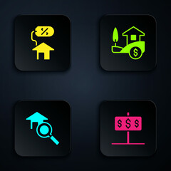Set House with dollar, percant, Search house and . Black square button. Vector