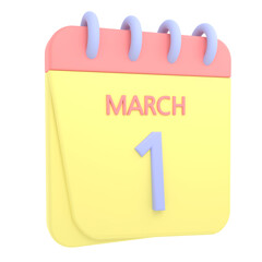 1st March 3D calendar icon. Web style. High resolution image. White background