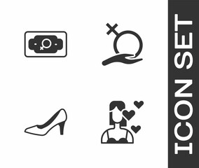 Set Love yourself, Money growth woman, Woman shoe and Female gender icon. Vector