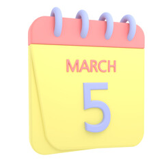 5th March 3D calendar icon. Web style. High resolution image. White background