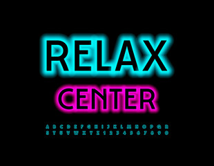 Vector electric sign Relax Center. Led Illuminated Font. Blue light Alphabet Letters and Numbers set
