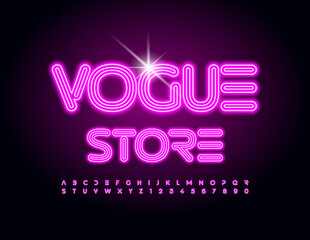 Vector neon banner Vogue Store. Violet illuminated Font. Glowing set of Alphabet Letters and Numbers