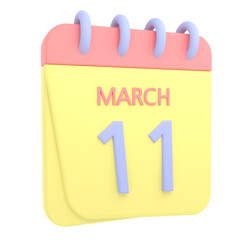 11th March 3D calendar icon. Web style. High resolution image. White background