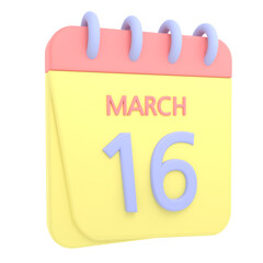 16th March 3D calendar icon. Web style. High resolution image. White background