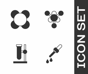 Set Pipette, Molecule, Test tube flask on stand and icon. Vector
