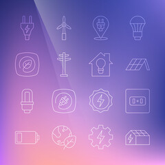 Set line Solar energy panel, Electrical outlet, plug, tower, Location with leaf, and Smart house and light bulb icon. Vector