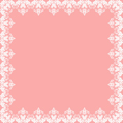 Classic square frame with arabesques and orient elements. Abstract pink and white ornament with place for text. Vintage pattern