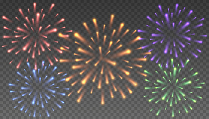 Festive patterned firework bursting. Festive firework salute burst on transparent background. Vector illustration.