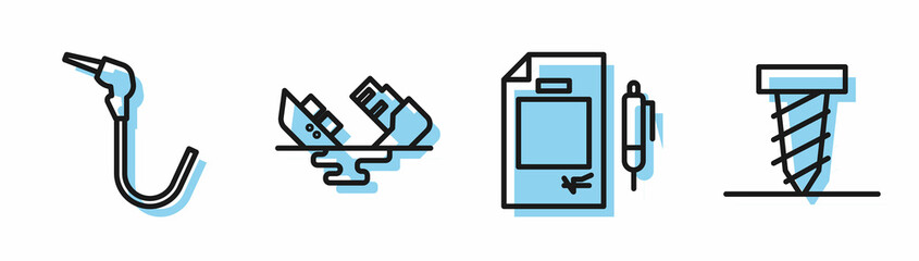 Set line Contract money and pen, Gasoline pump nozzle, Wrecked oil tanker ship and Rotating drill digging a hole icon. Vector