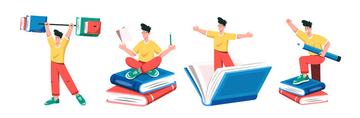 Guy with books. Characters set. The concept of learning and self-education.