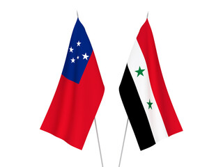 National fabric flags of Independent State of Samoa and Syria isolated on white background. 3d rendering illustration.