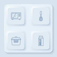 Set line Microwave oven, Kitchen whisk, Slow cooker and Paper package for milk. White square button. Vector