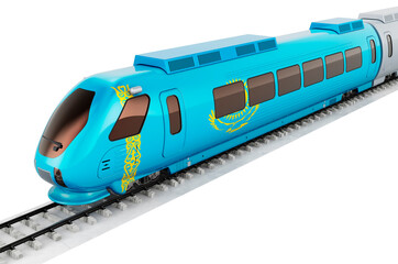 Kazakh flag painted on the high speed train. Rail travel in the Kazakhstan, concept. 3D rendering