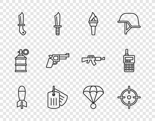 Set line Rocket launcher, Target sport, Torch flame, Military dog tag, knife, Pistol gun, Parachute and Walkie talkie icon. Vector