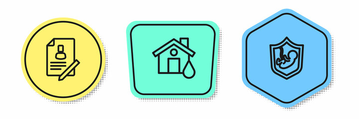 Set line Document with shield, House flood and Life insurance. Colored shapes. Vector