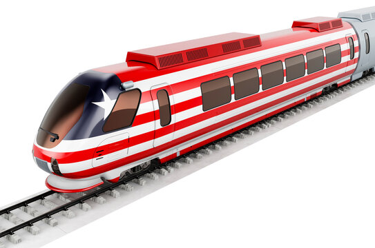 Liberian flag painted on the high speed train. Rail travel in the Liberia, concept. 3D rendering