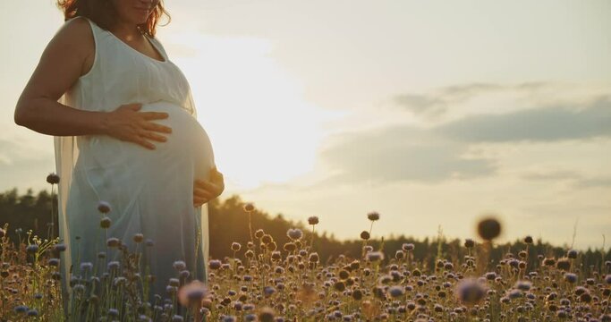 White pregnant woman in a beautiful dress touching her belly while sunset. Pregnant woman with a big belly outdoors. Expecting mother stroking belly on nature.   Woman pregnancy concept.