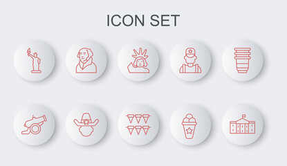 Set line United States Capitol Congress, Cannon, Statue of Liberty, Ice cream in waffle cone, George Washington, Sheriff cowboy and Carnival garland with flags icon. Vector