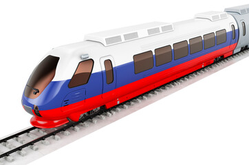 Fototapeta na wymiar Russian flag painted on the high speed train. Rail travel in the Russia, concept. 3D rendering