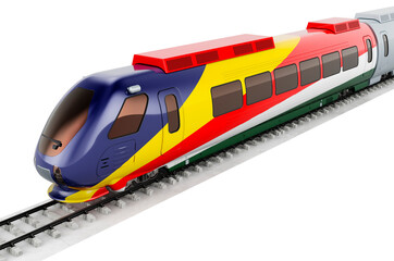 Seychelloise flag painted on the high speed train. Rail travel in the Seychelles, concept. 3D rendering