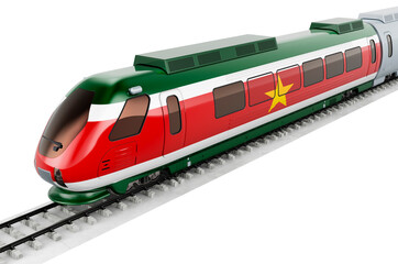 Surinamese flag painted on the high speed train. Rail travel in the Suriname, concept. 3D rendering