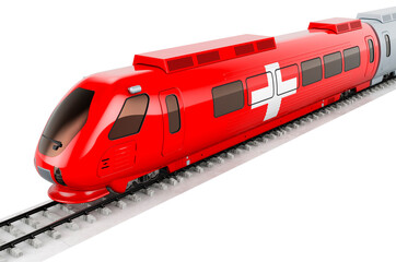 Swiss flag painted on the high speed train. Rail travel in the Switzerland, concept. 3D rendering