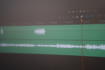 Editing and working with sound in a special program. Monitor screen with audio track