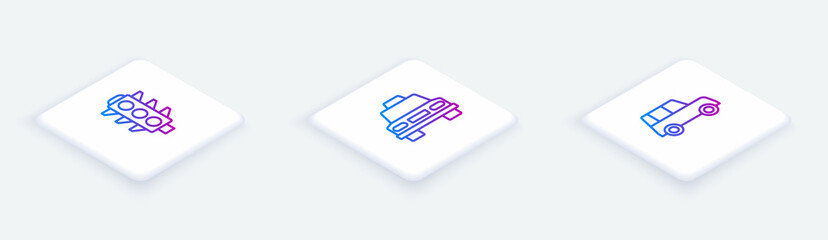 Set Isometric line Traffic light, Taxi car and Car. White square button. Vector